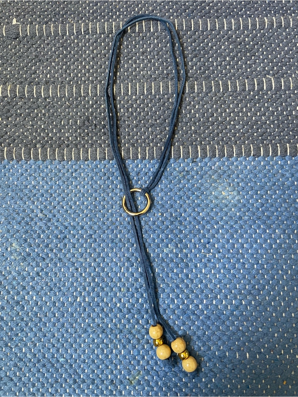 Navy Suede Lariat Necklace with Gold Rings and Bead Accents